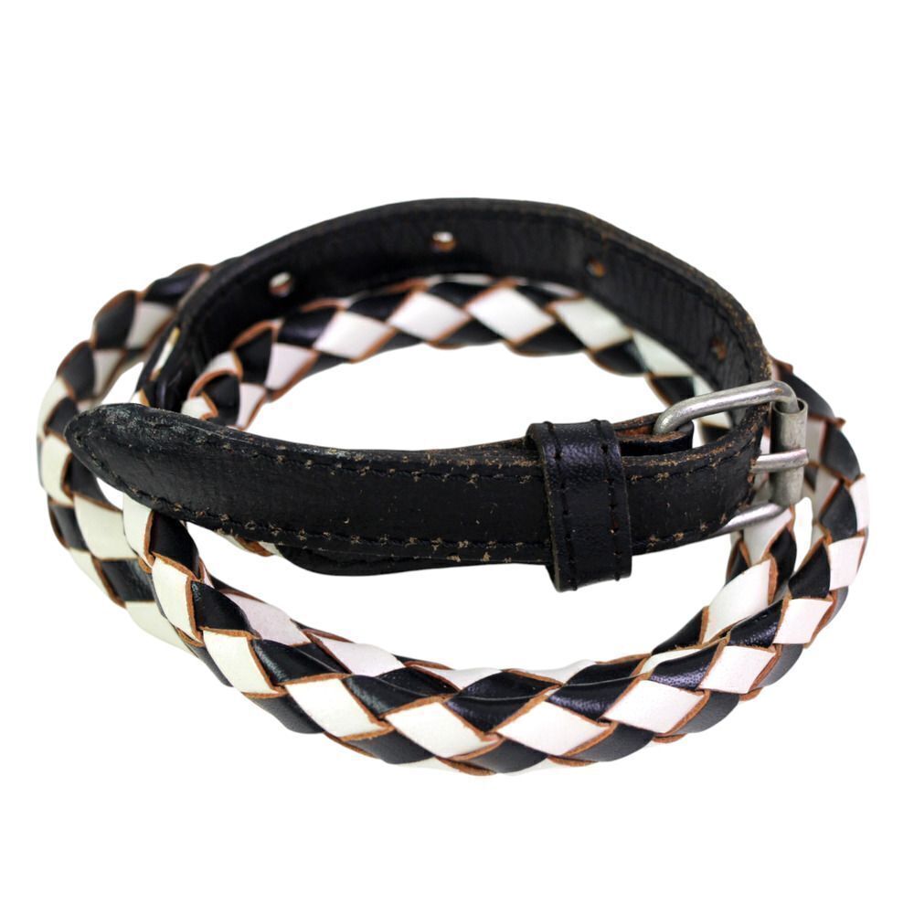 HANDCRAFTED WOVEN BLACK WHITE REAL LEATHER 1/2"Wd SKINNY WOMEN'S BELT Sz M (E79